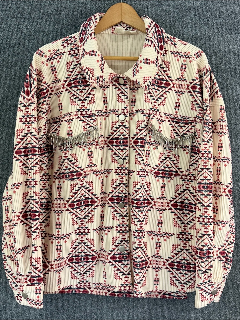 Savanna Jane Womens 2X Aztec Print Corduroy Rhinestone Fringe Jacket Cream